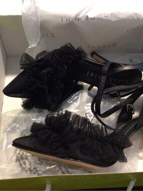 Gianni Bini Black Ruffle Pointed-Toe Ankle-Strap Heels